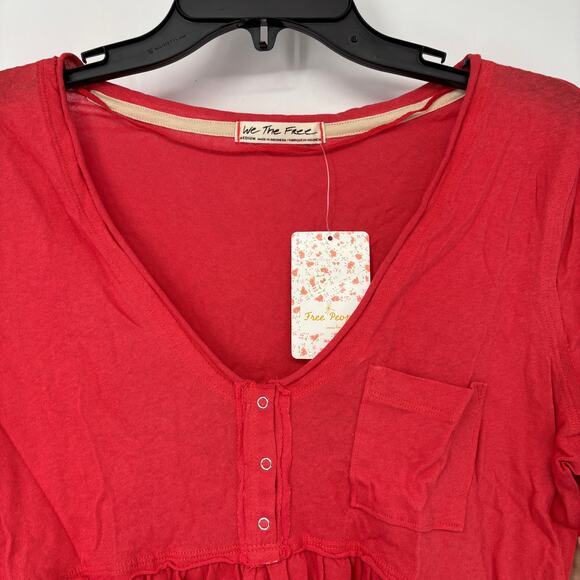 Free People Women's 3/4 Blouse Heart of Mine Cotton Flounce-Hem Colorblock Red M - Picture 7 of 7